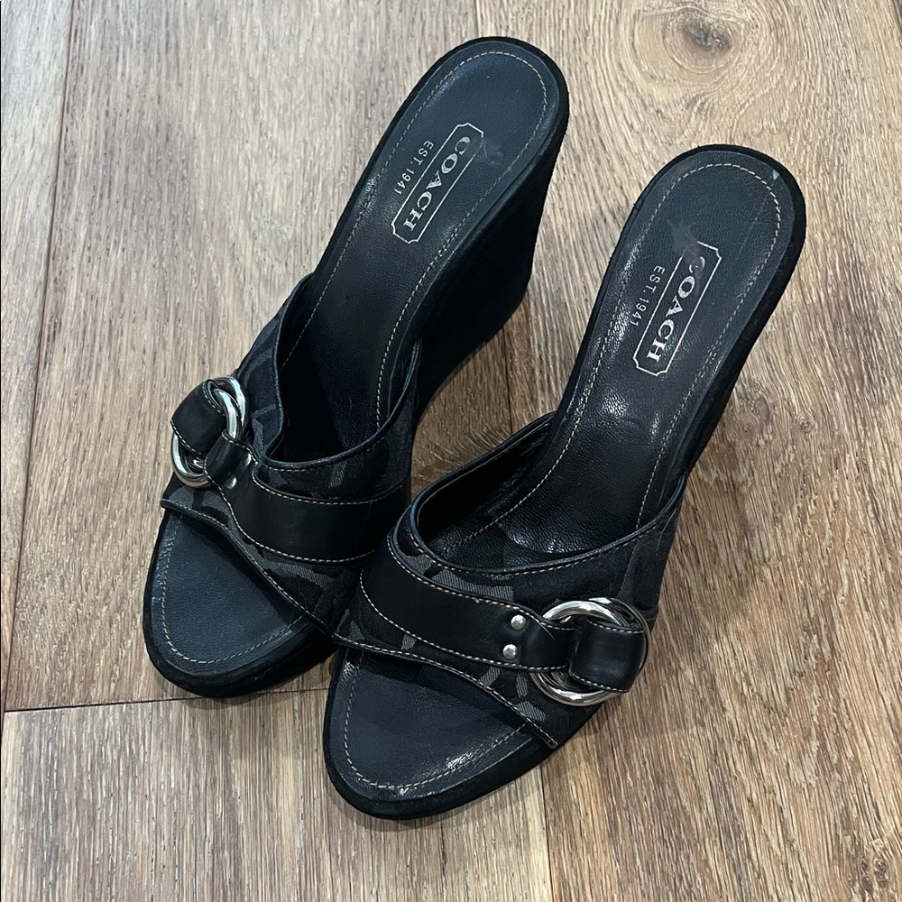 Vintage Coach Black Leather Wedge Mules